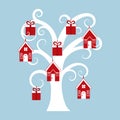 Holiday tree with houses and gifts.